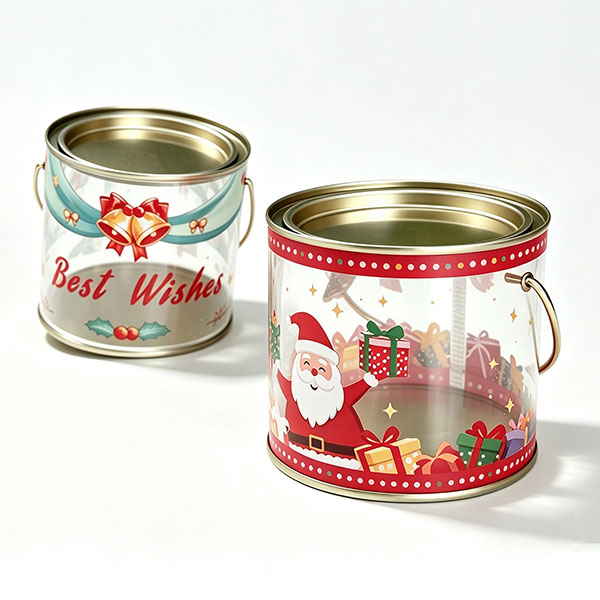 Clear printed plastic bucket with tin lid and bottom