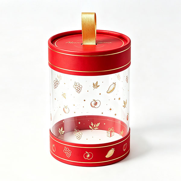 Custom cylindrical packaging box with plastic body and cardboard lid